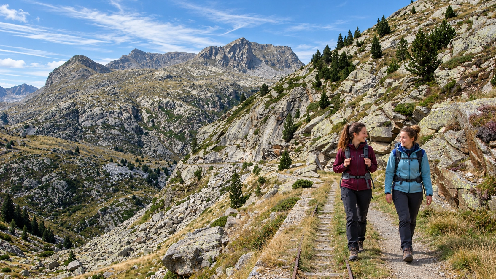 Dues excursionistes caminant per un traçat ferroviari de muntanya a la Vall Fosca